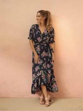 LC Lauren Conrad Navy Floral Tie-Waist Maxi Dress